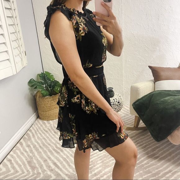 All Saints Caylan Avifauna Dress Black Floral Short Sheer Ruffle Collar Logo - Picture 3 of 14